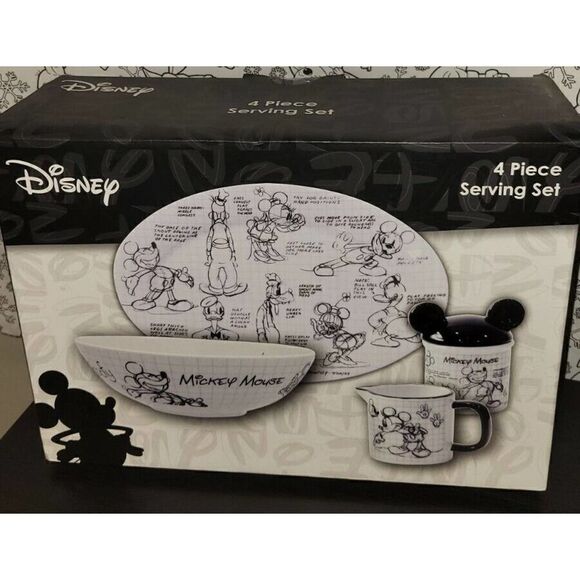 Disney Mickey Mouse Sketchbook 4 Piece Serving Set Platter Bowl Creamer Sugar - Picture 2 of 5